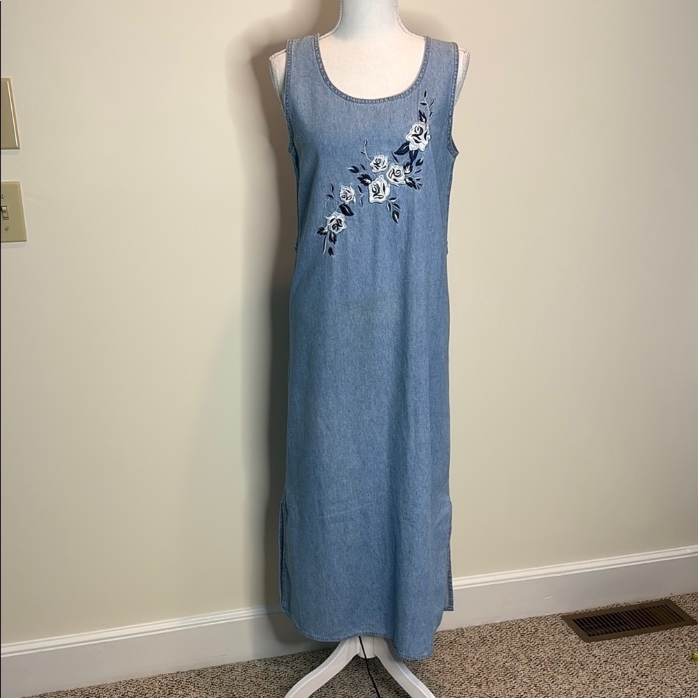 Plaza South Embroidered Long Blue Denim Dress. 1999. 10 Petite. Y2k